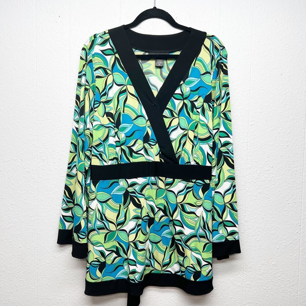 INC Faux Wrap Floral Green Kimono Top Womens 2X Stretch Long Wide Sleeve Boho